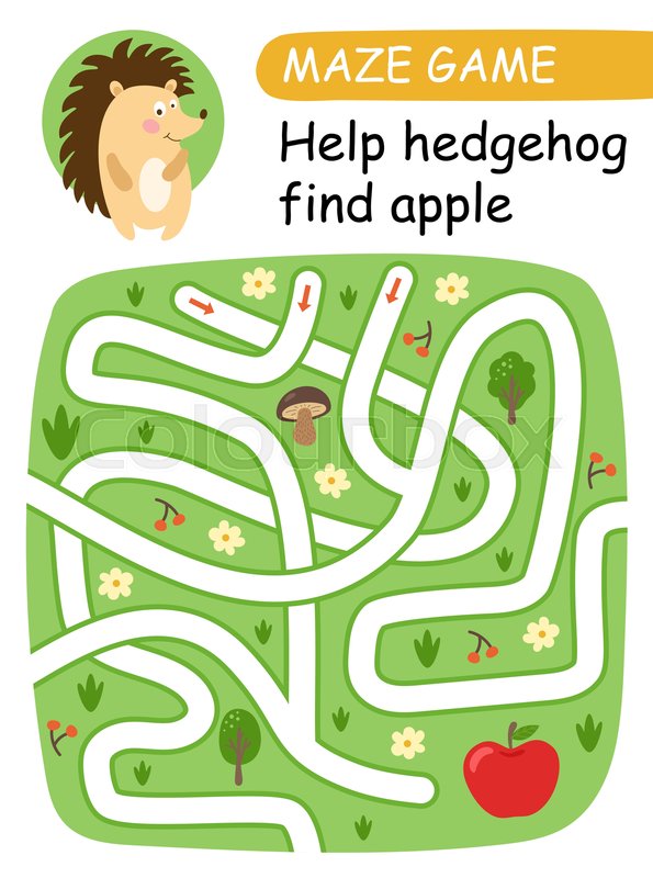 help hedgehog find apple maze game for kids vector illustration