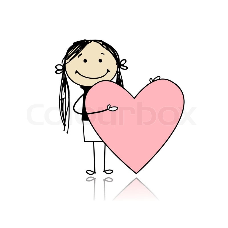 Cute girl with valentine heart, place   Stock Vector 