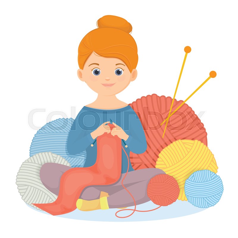 Cheerful Woman Knits A Scarf Vector Stock Vector Colourbox