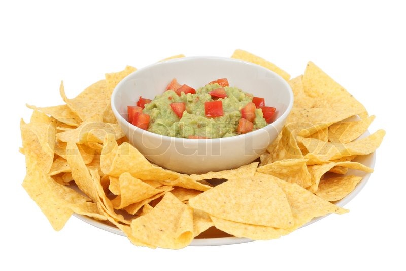 Guacamole and chips isolated over white Stock image Colourbox