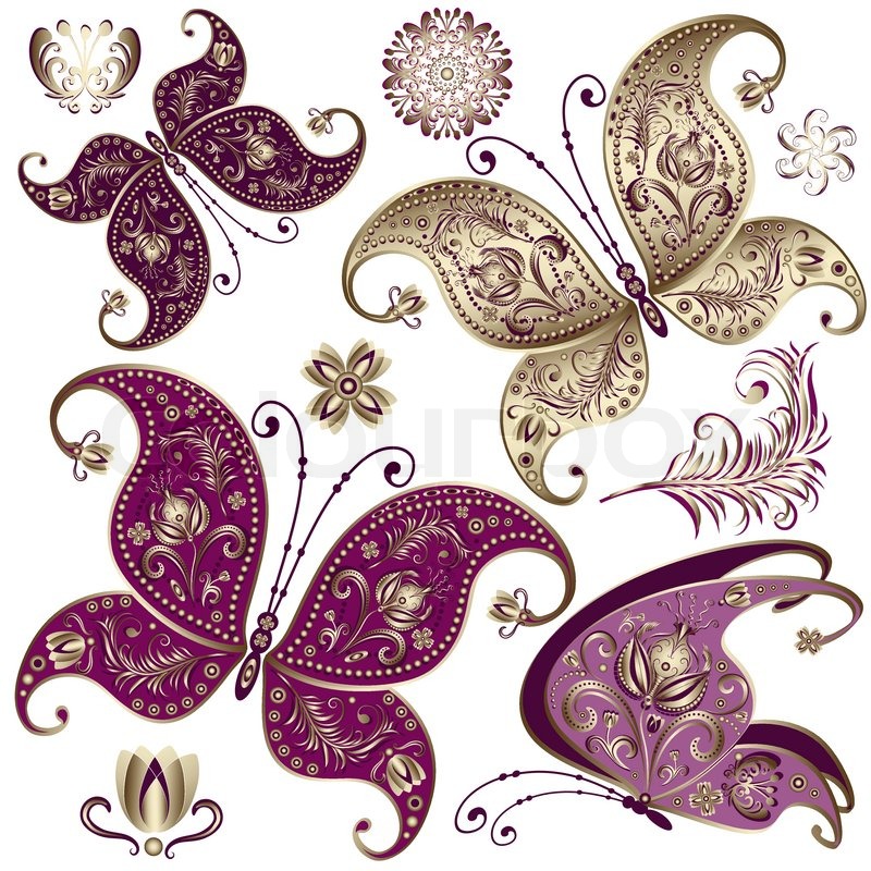 Set purple and gold vintage butterflies and flowers vector | Stock ...