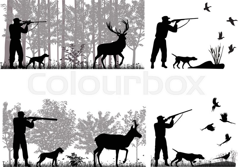 Man with dog is hunting for deer, | Stock vector | Colourbox