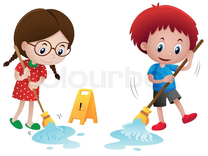 Boy and girl mopping wet floor Stock vector Colourbox