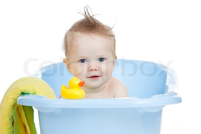 Adorable Baby mit Bad im blauen | Stock Bild | Colourbox
