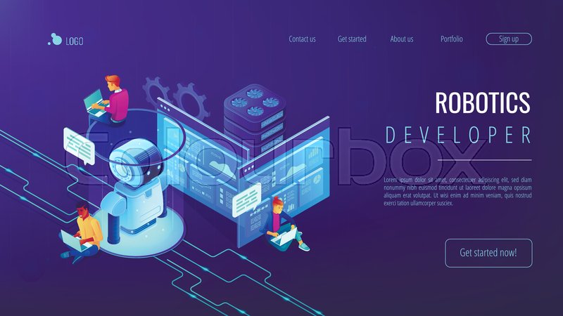 Robotics developers team with laptops ... | Stock vector | Colourbox