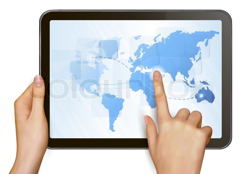 finger touching world map on a touch screen stock vector colourbox