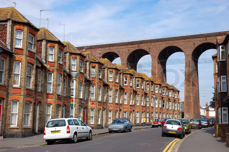 Brick houses and bridge in Folkestone, UK Stock Photo Colourbox