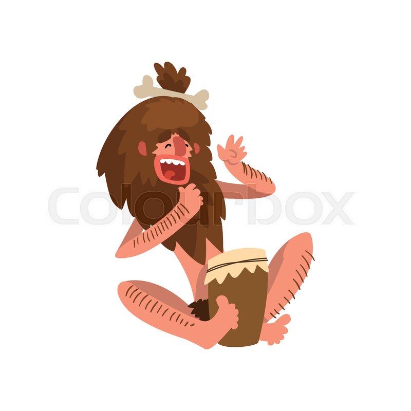 Funny primitive caveman playing drum, Stock vector Colourbox