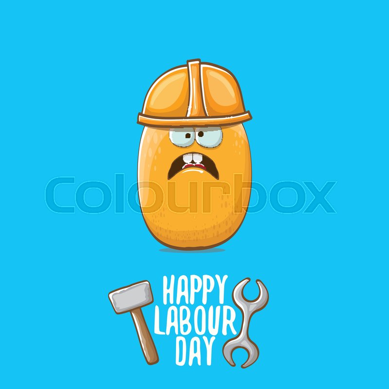 International workers day or labour day greeting card . vector funny cartoon tiny brown smiling worker potato with orange engineer helmet isolated on blue background. May day poster | Stock vector | Colourbox International workers day or labour day greeting card . vector funny cartoon tiny brown smiling worker potato with orange engineer helmet isolated on blue background. May day poster | Stock vector | Colourbox