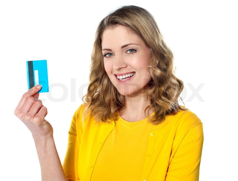 portrait of young smiling woman holding credit card stock photo