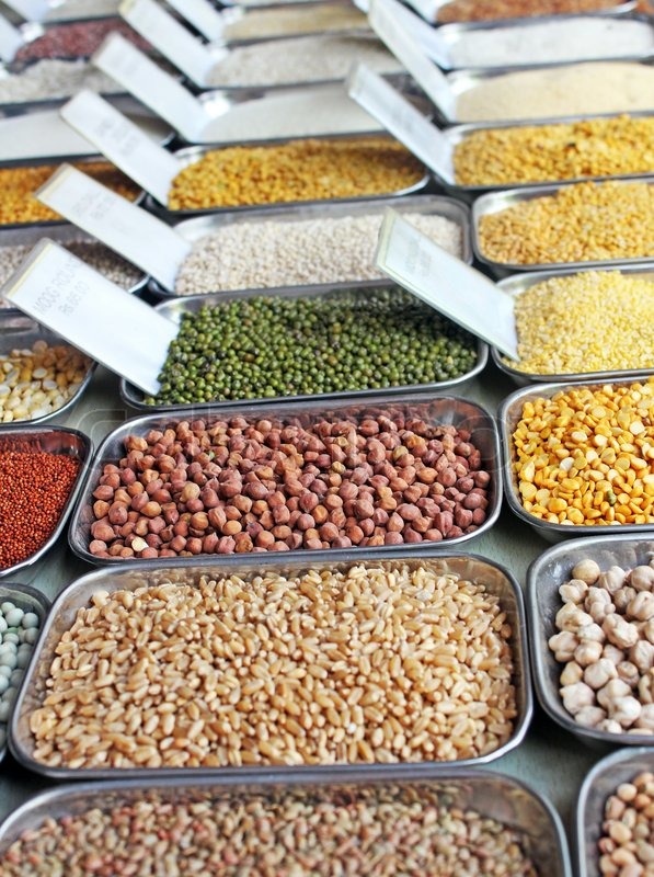 Pulses, grains and cereals on display in an indian market