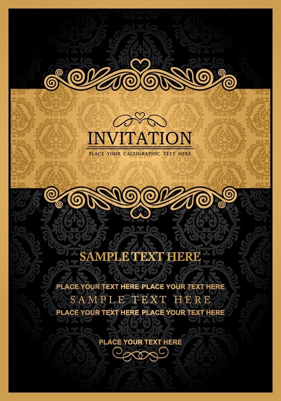 Abstract background with antique, vintage frame and banner, black damask  wallpaper with ornamental, gold invitation card, baroque style label,  fashion pattern, graphic ornament for decoration, design | Stock vector |  Colourbox