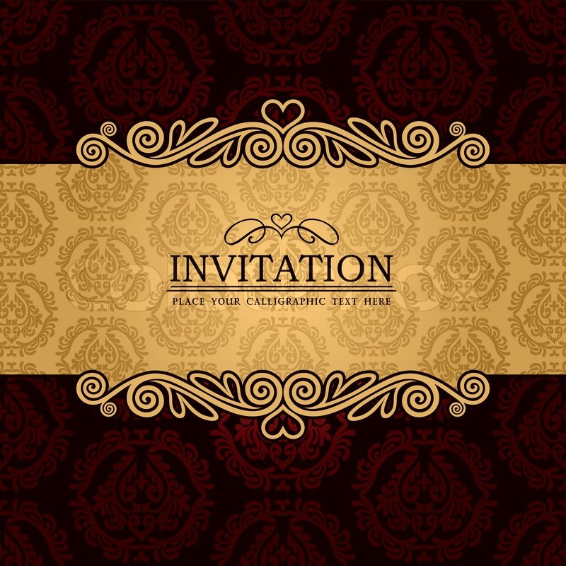 Abstract background with antique, vintage frame and banner, red damask  wallpaper with ornamental, gold invitation card, baroque style label,  fashion pattern, graphic ornaments for decoration, design | Stock vector |  Colourbox