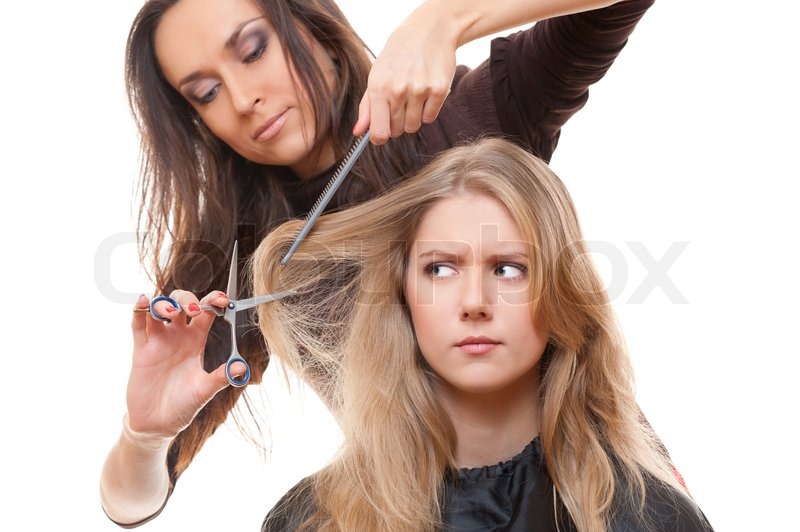 Dissatisfied model in hairdressing salon  Stock Photo 