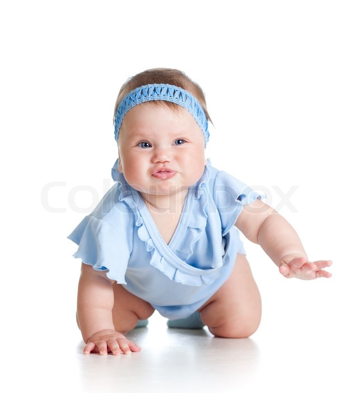 pretty baby girl crawling on floor stock photo colourbox
