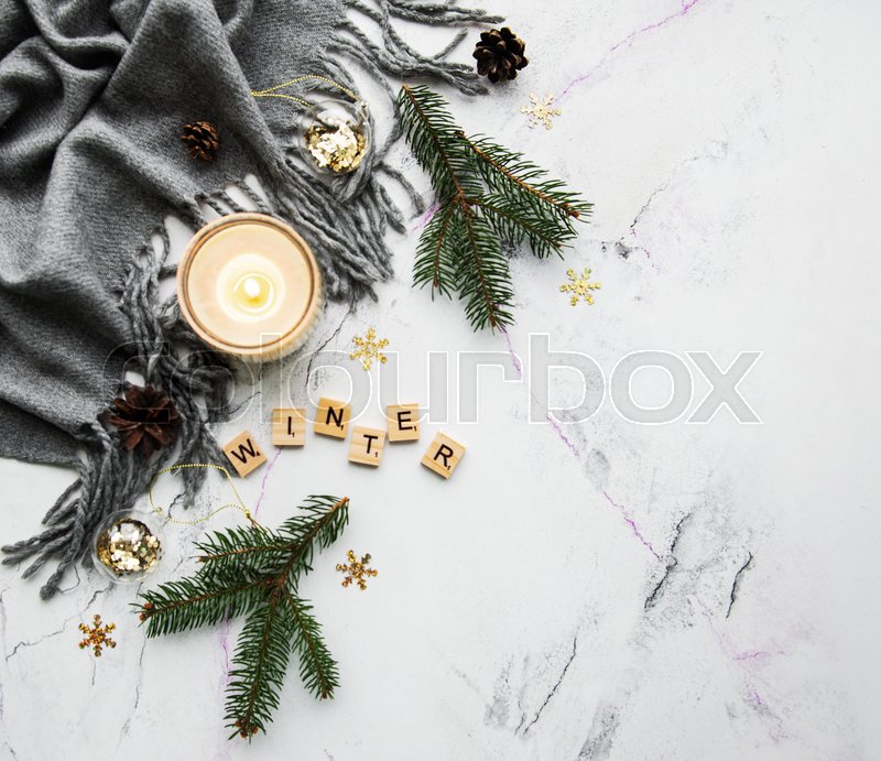 Christmas decorations on a white marble | Stock image | Colourbox