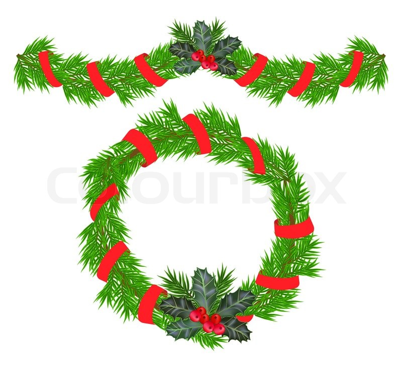 Christmas garland and a wreath with holly berries Stock Vector