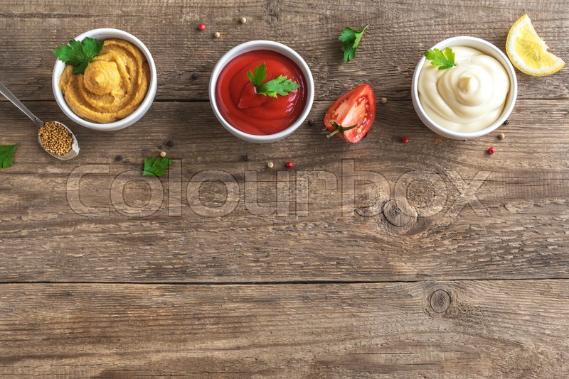 Three classic sauces ketchup, Stock image Colourbox