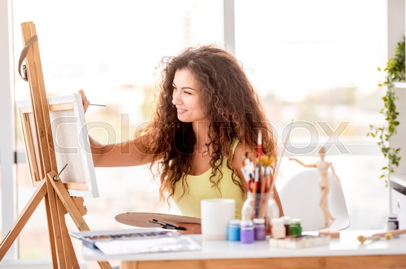 Cute Girl Painter Making New Picture Stock Image Colourbox