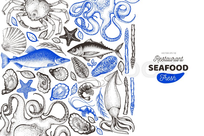 Seafood And Fish Design Template Hand Stock Vector Colourbox