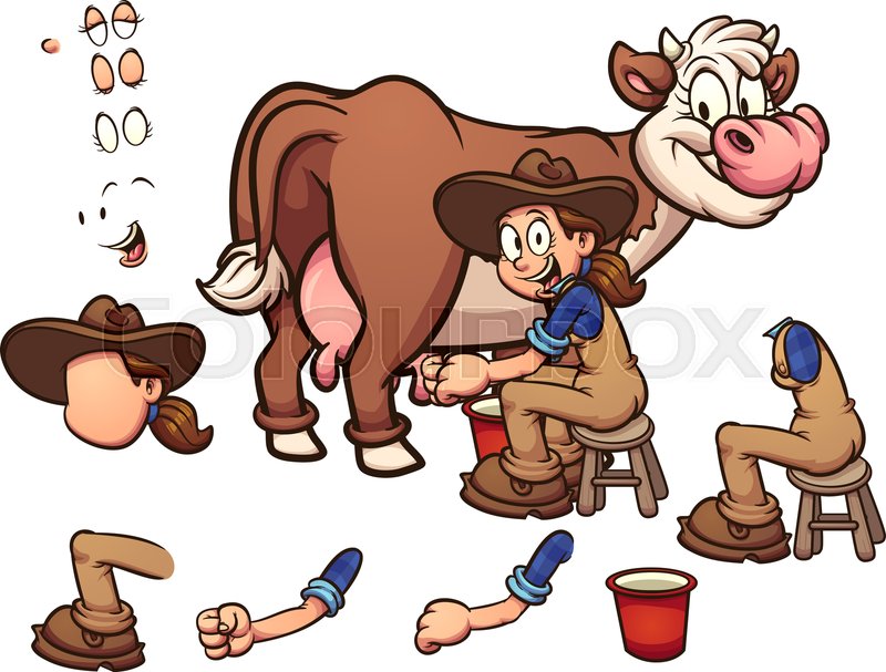 Cartoon farm girl milking a cow clip Stock vector Colourbox