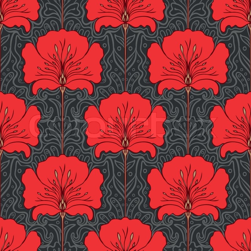 decoupage red box seamless pattern gray with Colorful flowers on red