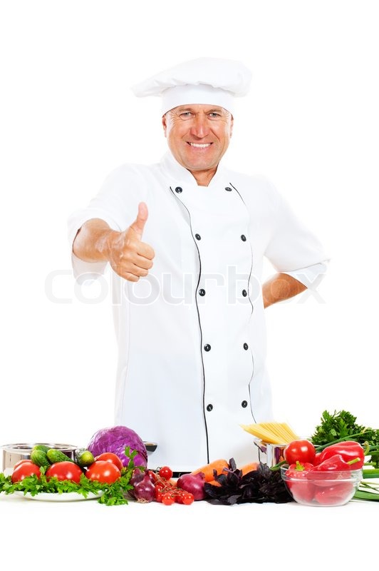 smiley chief cook showing thumbs up stock photo colourbox