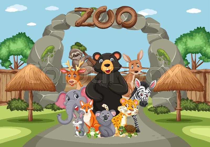 Scene with wild animals in the zoo at ... | Stock vector | Colourbox