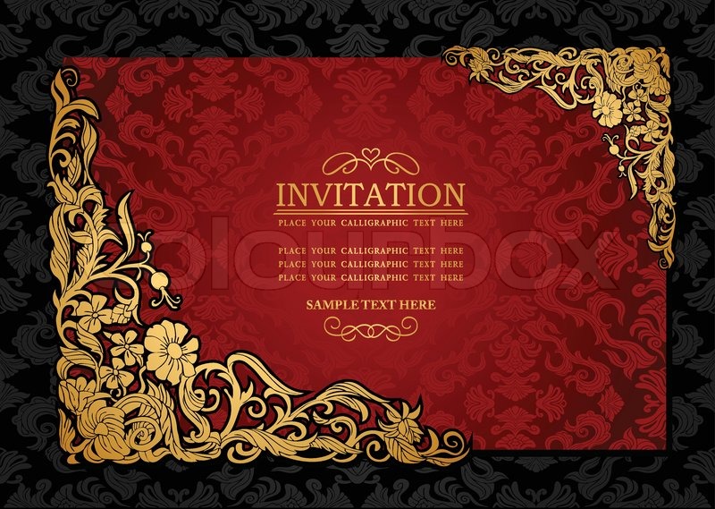 Abstract background with antique, luxury red and gold vintage frame,  victorian banner, damask floral wallpaper ornament, invitation card,  baroque style booklet, fashion pattern, template for design | Stock vector  | Colourbox