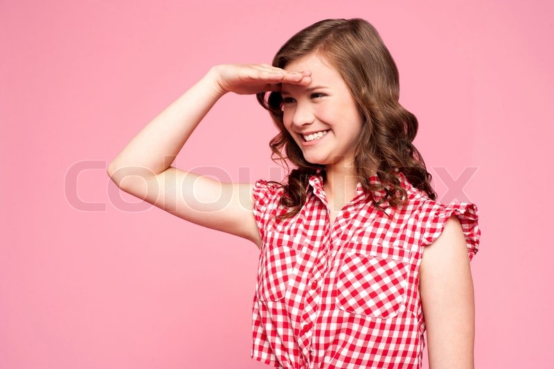 happy gorgeous girl looking far away stock photo colourbox