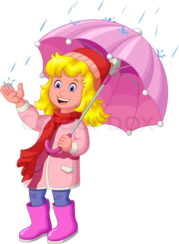 Cute Girl With Pink Umbrella In Rainy Stock Vector Colourbox