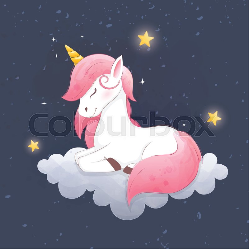 Cute Unicorn sleep on cloud night ... | Stock vector | Colourbox