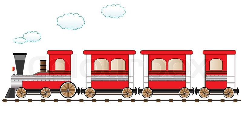 Cute red train moving on the railroad | Stock vector | Colourbox