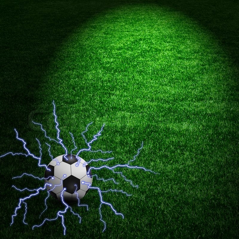 Football ball with blue lightning over Stock image Colourbox