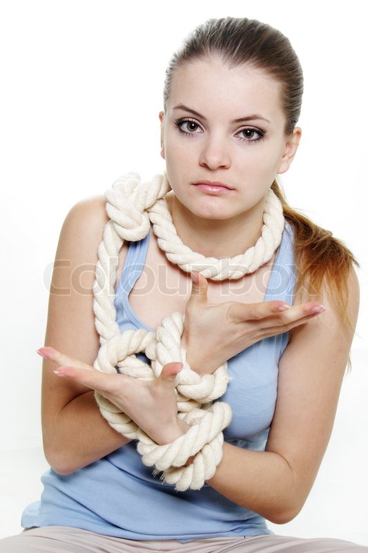 Young Woman Tied Up With Rope Over Stock Image Colourbox