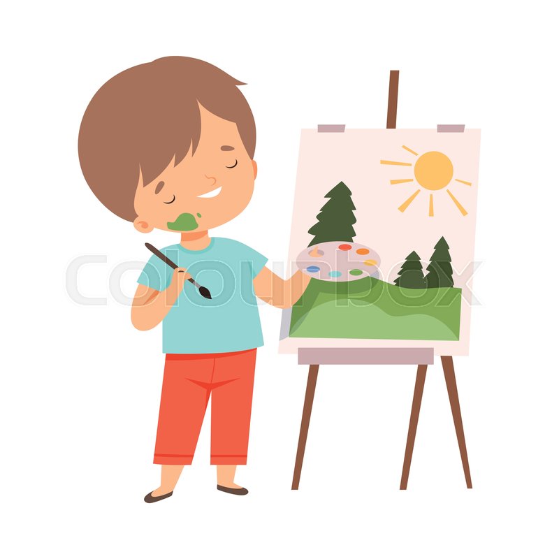 Cute Boy Painting Picture on Easel, Stock vector Colourbox