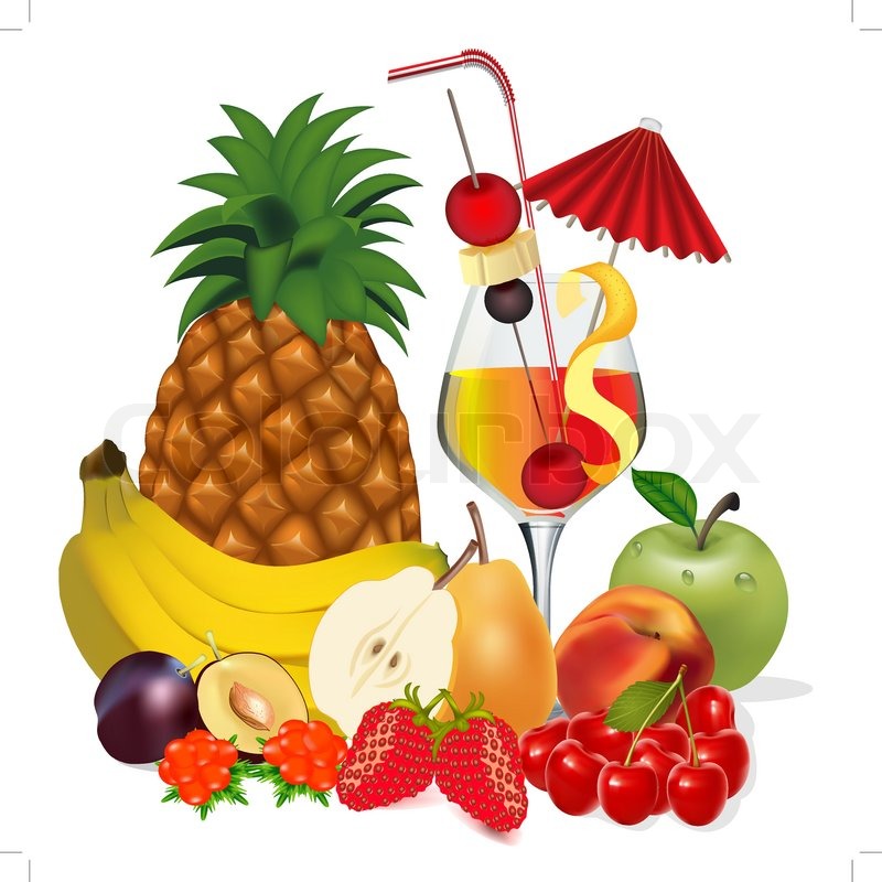 Cocktail und Früchte Banane Apfel Pfirsich Kirschpflaume | Vektorgrafik