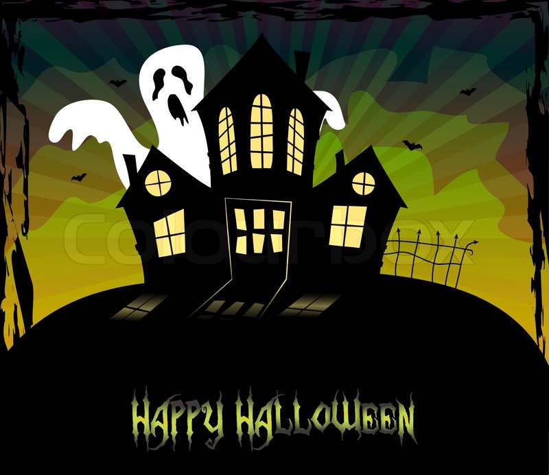 halloween theme with a scary house and a ghost stock vector