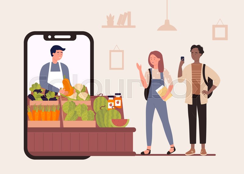 Buy food in online farm market shop vector illustration, cartoon flat happy characters buying organic vegetables and fruits in farmers store background | Stock vector | Colourbox Buy food in online farm market shop vector illustration, cartoon flat happy characters buying organic vegetables and fruits in farmers store background | Stock vector | Colourbox