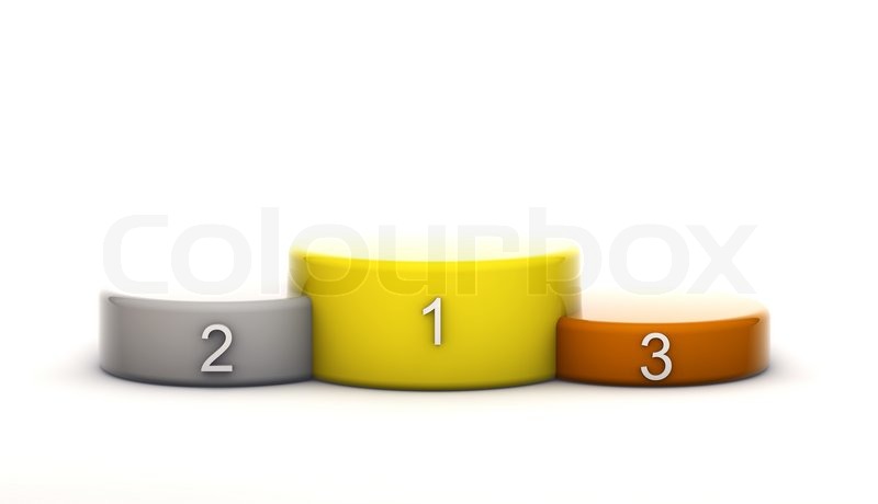 Victory podium for the first, second and third place on a white