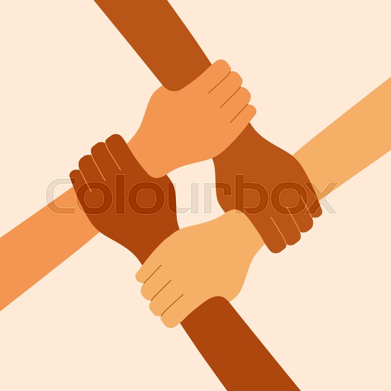 Four diverse hands holding each other. Stock vector Colourbox