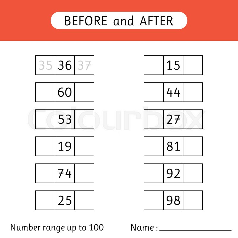 fill in the missing numbers before and after number range up to 100 mathematics worksheets for kids stock vector colourbox