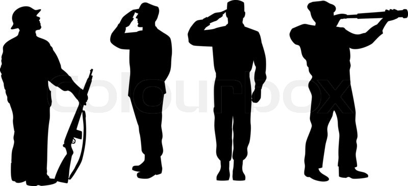illustration of a silhouette of a soldier saluting standing attention and looking at telescope on white background stock photo
