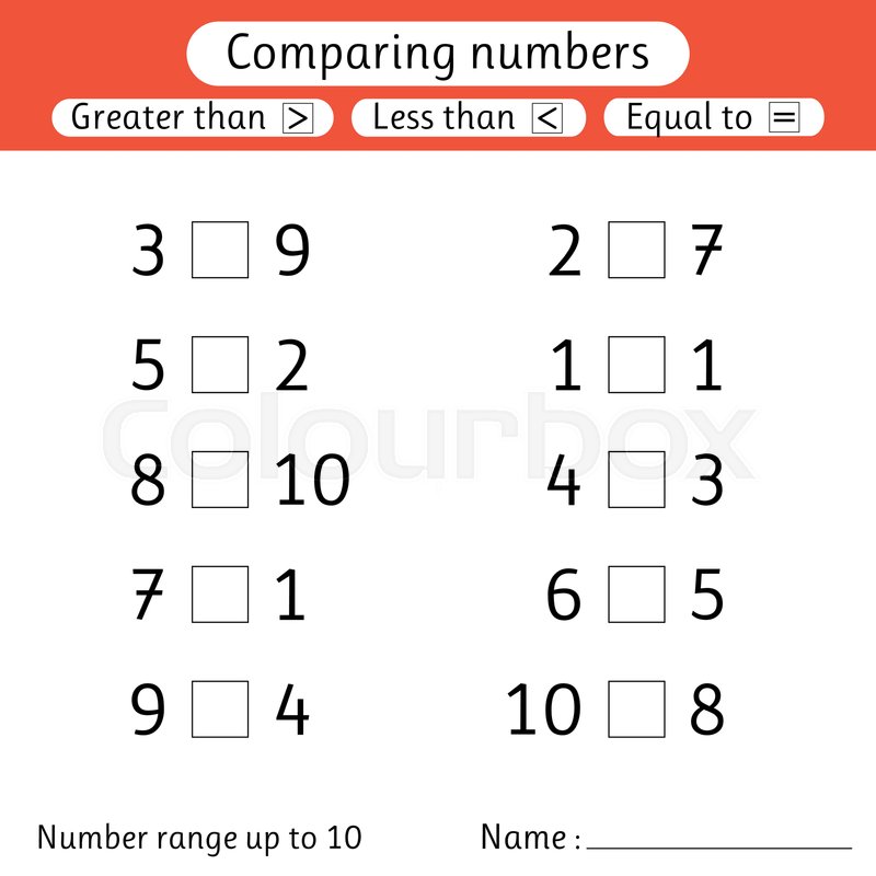 Comparing numbers. Less than, greater than, equal to. Worksheet for kids.  Number range up to 10. Preschool, elementary school | Stock vector |  Colourbox