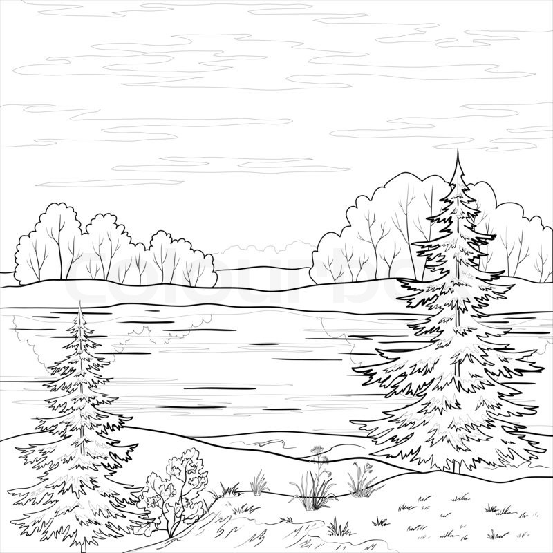 Line Art Forest : Landscape forest river outline stock photo colourbox
