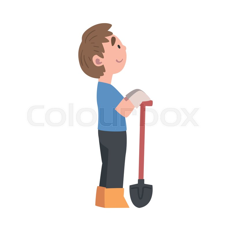 Cute Boy Standing with Shovel, Kid Stock vector Colourbox