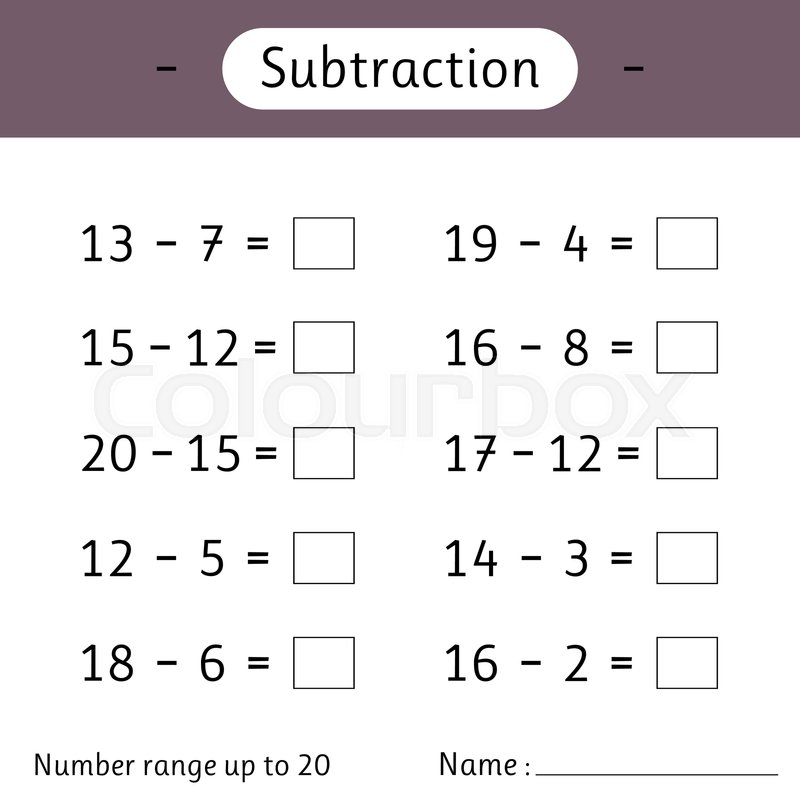 Subtraction. Number range up to 20. Math worksheet for kids. Solve examples and write. Mathematics. Developing numeracy skills | Stock vector | Colourbox subtraction-number-range-up-to-20-math-worksheet-for-kids-solve-examples-and-write-mathematics-developing-numeracy-skills-stock-vector-colourbox