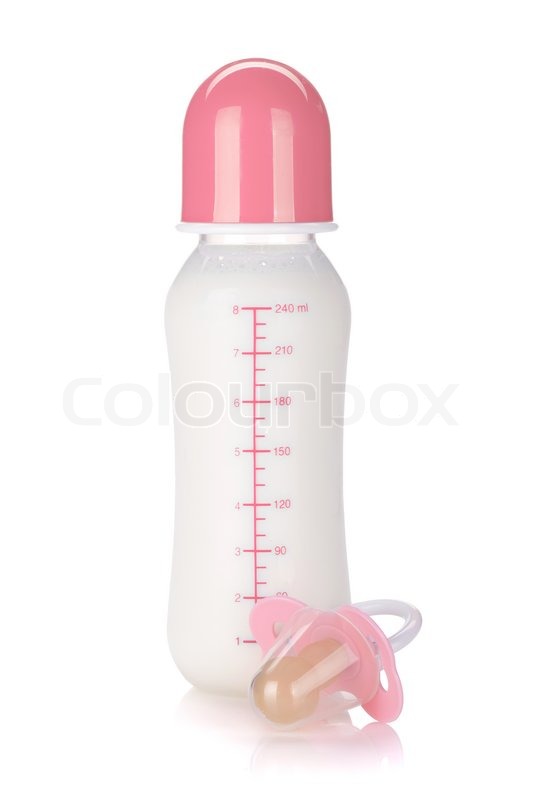 baby bottle with milk and pacifier for girl isolated on white