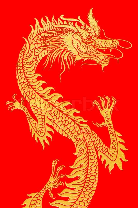 Golden Dragon Isolated On Red. 