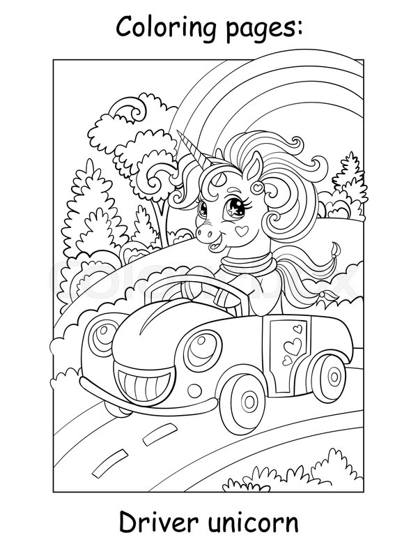 Cute unicorn with a scarf drive a car. | Stock vector | Colourbox